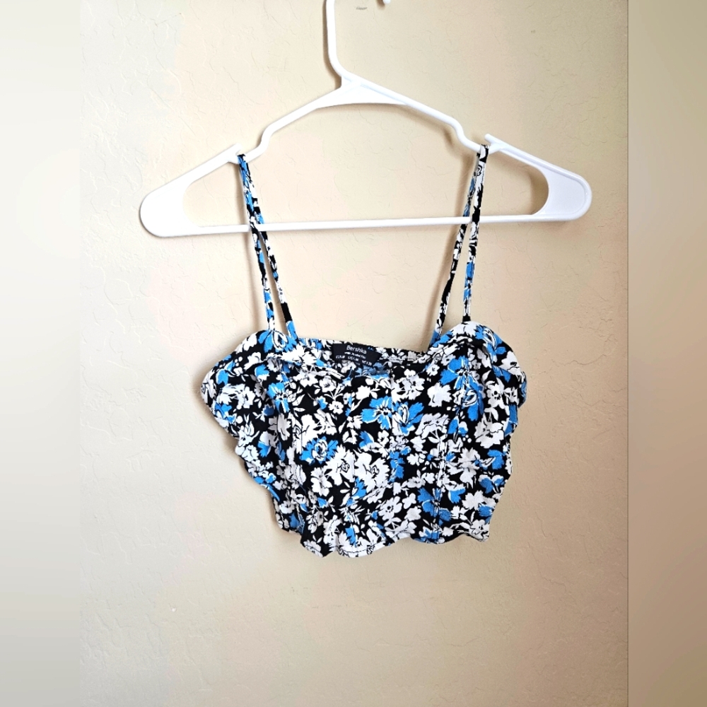 Bershka Blue and White Floral Crop Top